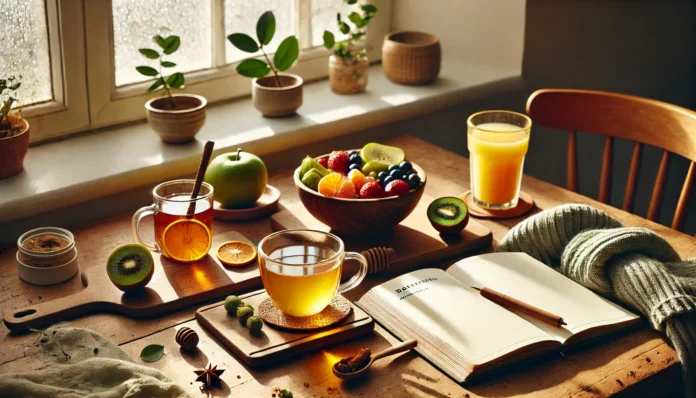 A peaceful morning routine scene featuring a cup of herbal tea, a bowl of fresh fruits, and a journal on a wooden table near a sunlit window, creating a serene and healthy start to the day.