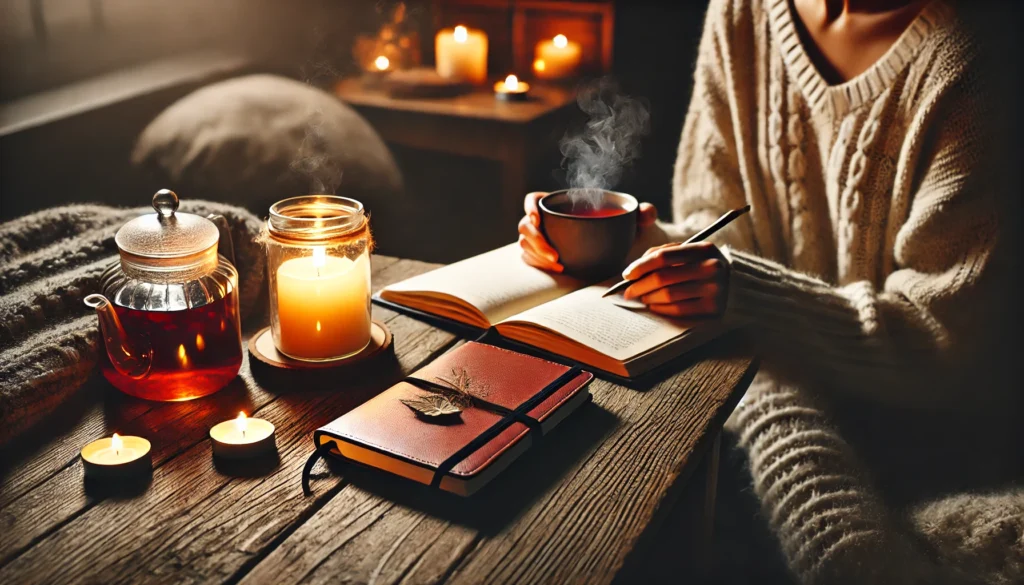 A warm and inviting evening setting with a person journaling by candlelight. A steaming cup of tea rests beside the journal on a rustic wooden table, with a cozy blanket nearby. The soft candle glow enhances a calming, reflective ambiance for mental well-being.