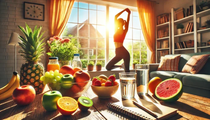 A bright morning scene with a person stretching by a large window, a glass of water, a bowl of fresh fruits, and a notebook on a wooden table. Sunlight streams in, creating a refreshing atmosphere that symbolizes a healthy and positive start to the day.