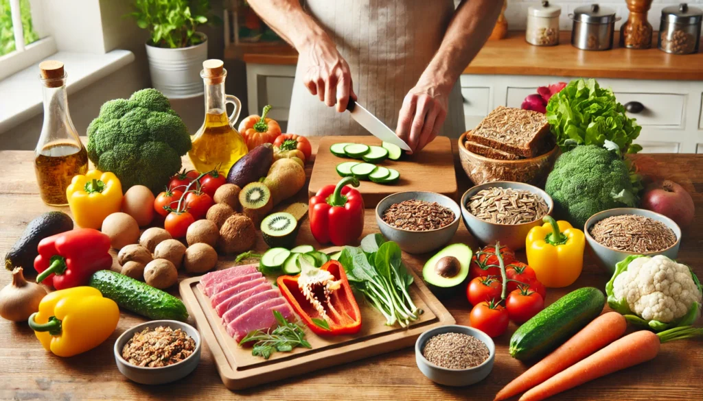 A kitchen counter filled with colorful vegetables, lean proteins, and whole grains, as a person chops fresh produce. The organized setting emphasizes the habit of home-cooked, nutrient-rich meals for better health and well-being.