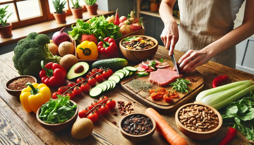 A wholesome meal preparation scene with colorful vegetables, lean proteins, and whole grains on a wooden kitchen counter, with a person slicing fresh ingredients for a nutritious daily diet.