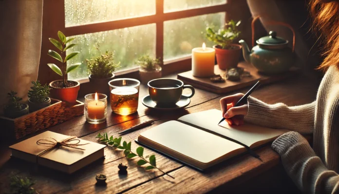 A peaceful morning scene with a person writing in a journal at a wooden desk near a window. A cup of herbal tea, a lit candle, and a small plant create a relaxing atmosphere, with sunlight filtering through the window, encouraging mindfulness and self-reflection.