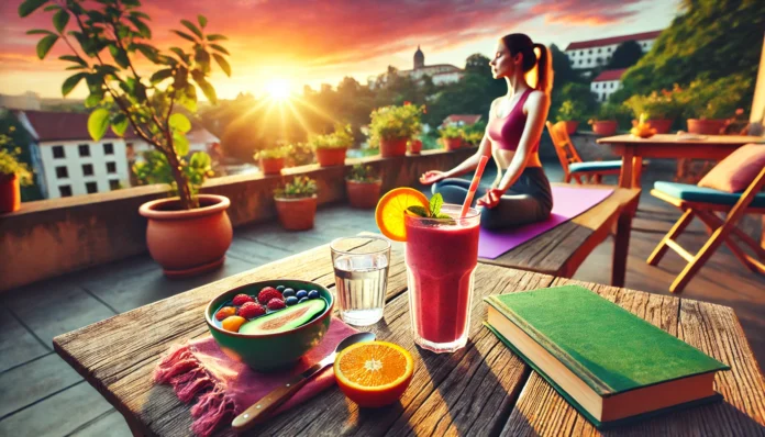 A serene morning scene featuring a person practicing yoga on a terrace with a sunrise in the background, a smoothie bowl with fresh fruits on a wooden table, a glass of water, and a book nearby. The atmosphere embodies a balanced and healthy lifestyle.