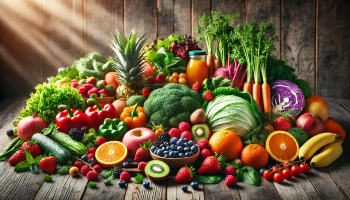 A vibrant assortment of fresh fruits and vegetables displayed on a wooden table. The image showcases a variety of colorful, nutrient-rich foods, symbolizing the importance of a balanced diet for overall health and well-being.