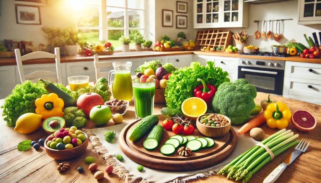 A bright and inviting kitchen setting with a wooden dining table displaying a colorful assortment of healthy foods, including fresh vegetables, fruits, nuts, and a glass of green juice. Sunlight streams in, emphasizing a nourishing and vibrant lifestyle.