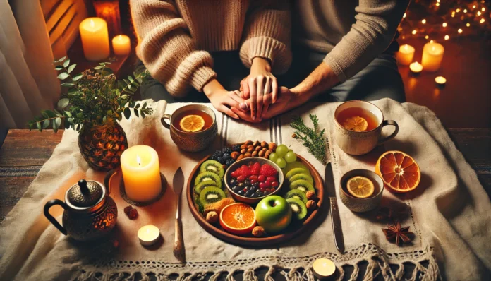 A cozy and romantic setting featuring a couple holding hands over a healthy dinner with fresh fruits, nuts, and herbal tea, illuminated by warm candlelight, creating an intimate and wellness-focused atmosphere.