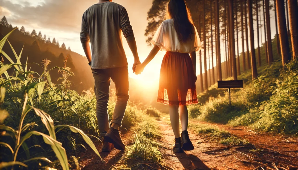 A couple walking hand-in-hand along a beautiful forest trail during sunset, surrounded by golden light, symbolizing love, health, and strong relationships.