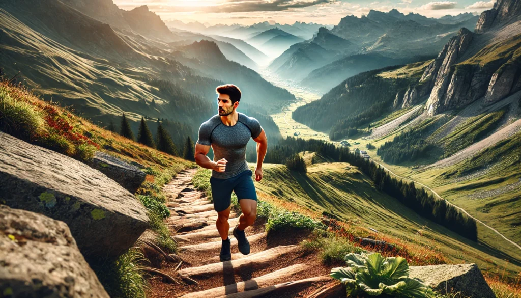 A fit and energetic person hiking up a scenic mountain trail, surrounded by breathtaking landscapes. The image highlights the strength and endurance gained from maintaining good health.