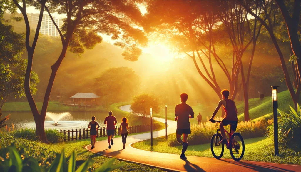 A group of people jogging and cycling in a scenic park during sunrise. The image captures the joy of physical activity in nature, promoting exercise as an essential component of a healthy lifestyle.