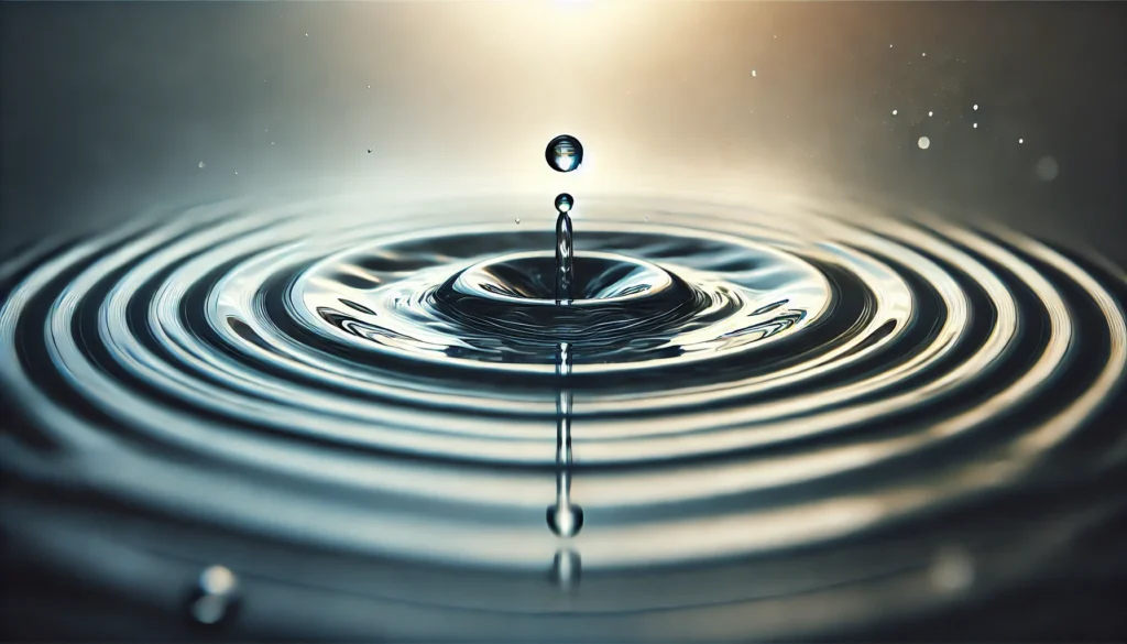 A single water drop falling into a calm surface, creating expanding ripples. The image represents how small, consistent actions can build momentum and create significant change over time.