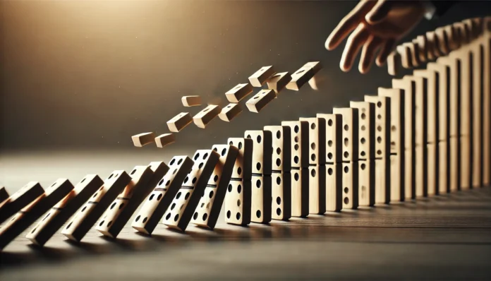 A sequence of dominos arranged in ascending size, with the smallest one at the front tipping over, triggering a chain reaction. The image symbolizes the power of small habits leading to significant transformations over time.