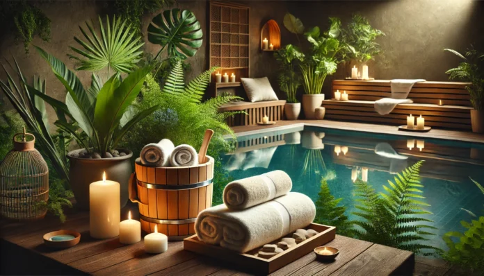 A serene spa setting featuring a wooden sauna bucket, soft white towels, and flickering candles beside a peaceful indoor pool, surrounded by lush green plants and warm ambient lighting.