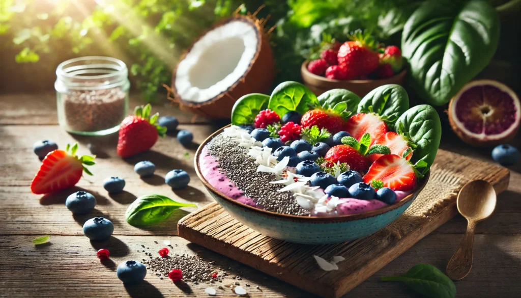 A colorful smoothie bowl topped with fresh blueberries, strawberries, chia seeds, and coconut flakes, placed on a rustic wooden table with natural sunlight filtering through green foliage.