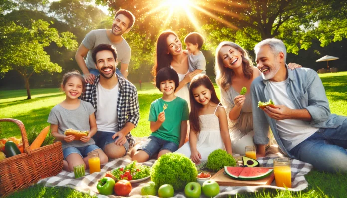 A joyful family gathered in a lush green park, sharing a healthy picnic under the sunlight. The image represents vitality, happiness, and the energy that comes from maintaining good health.